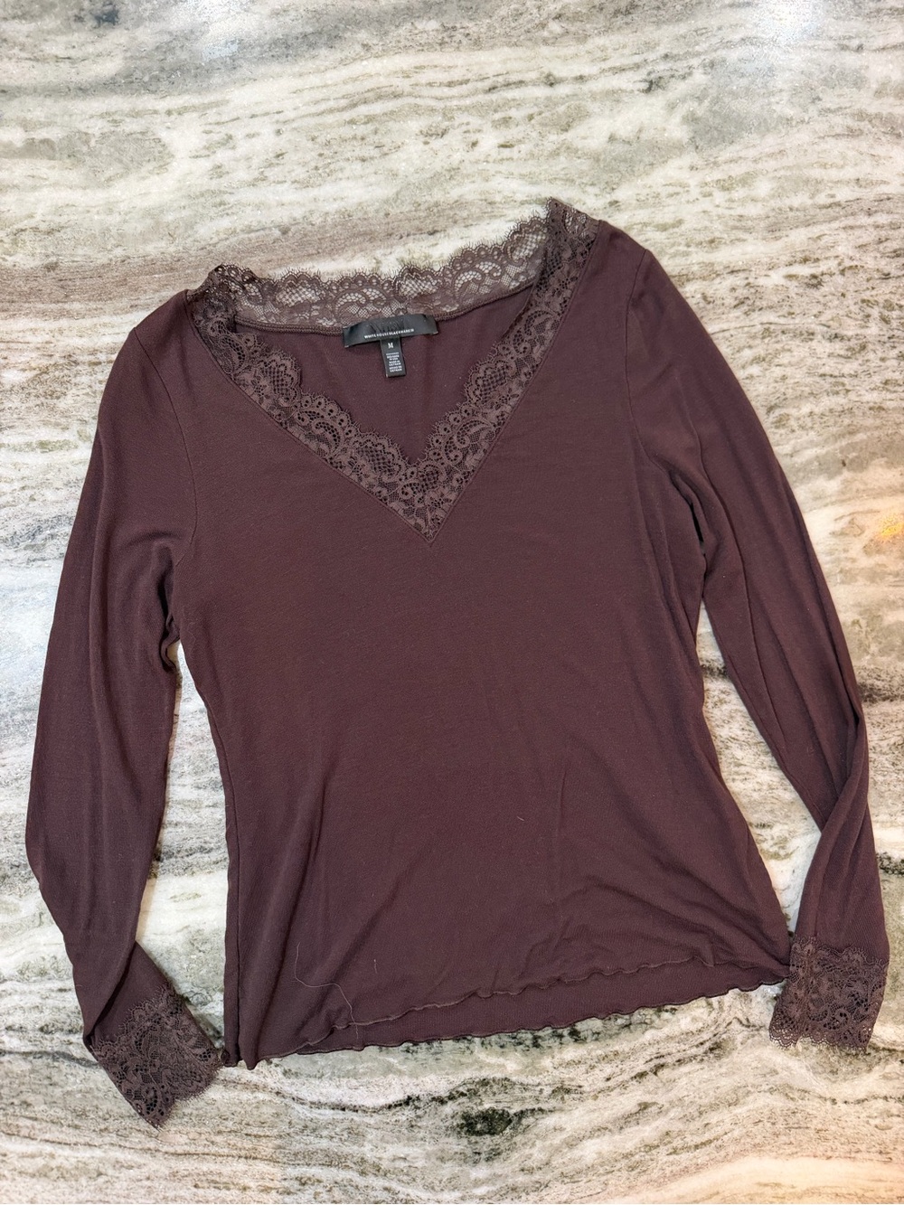 White House Black Market Lace-Trim Long Sleeve V-Neck Top - Brown